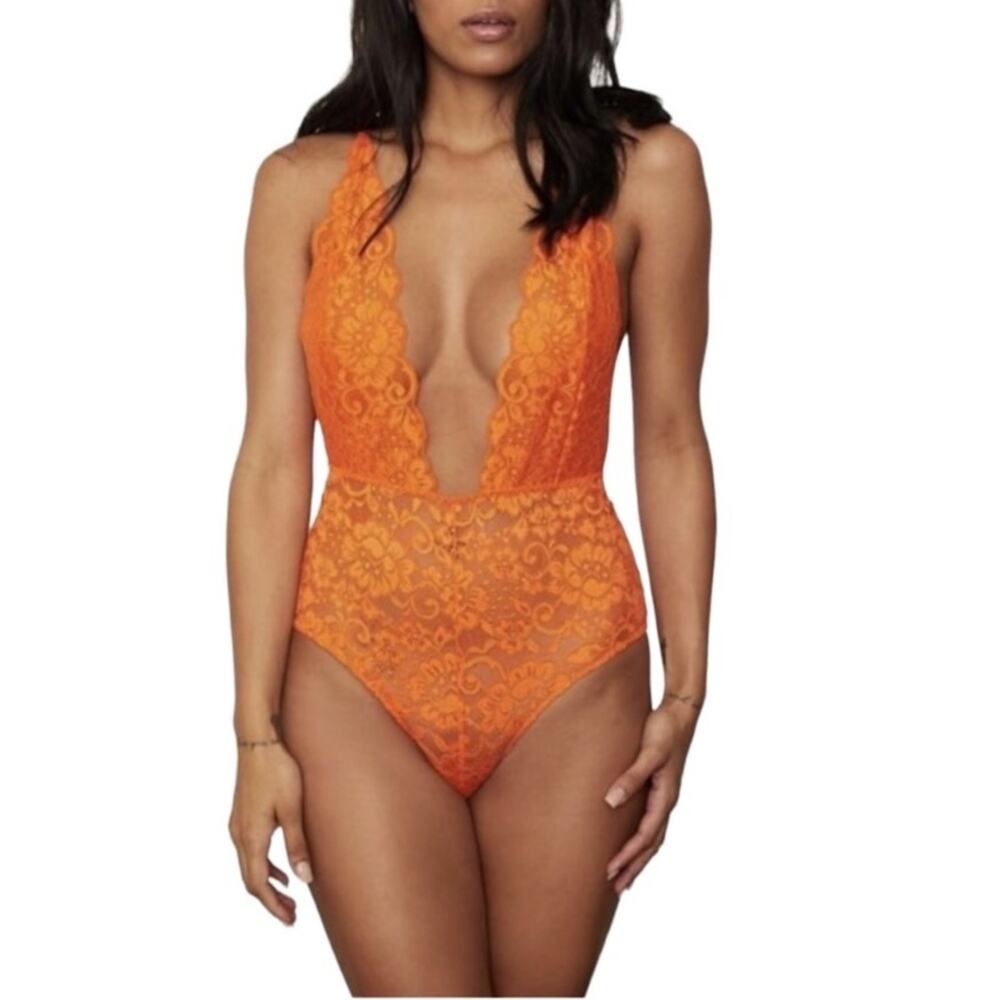 FREE PEOPLE X HAH Lace Bodysuit Sz S Burn Orange Feminine Party Resort Boho NWT